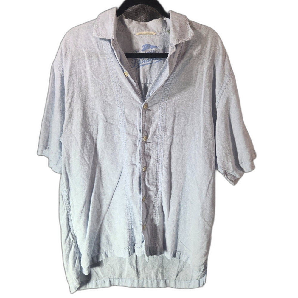 Tommy Bahama Men's L Linen Button Up Shirt Blue Bowling Beach